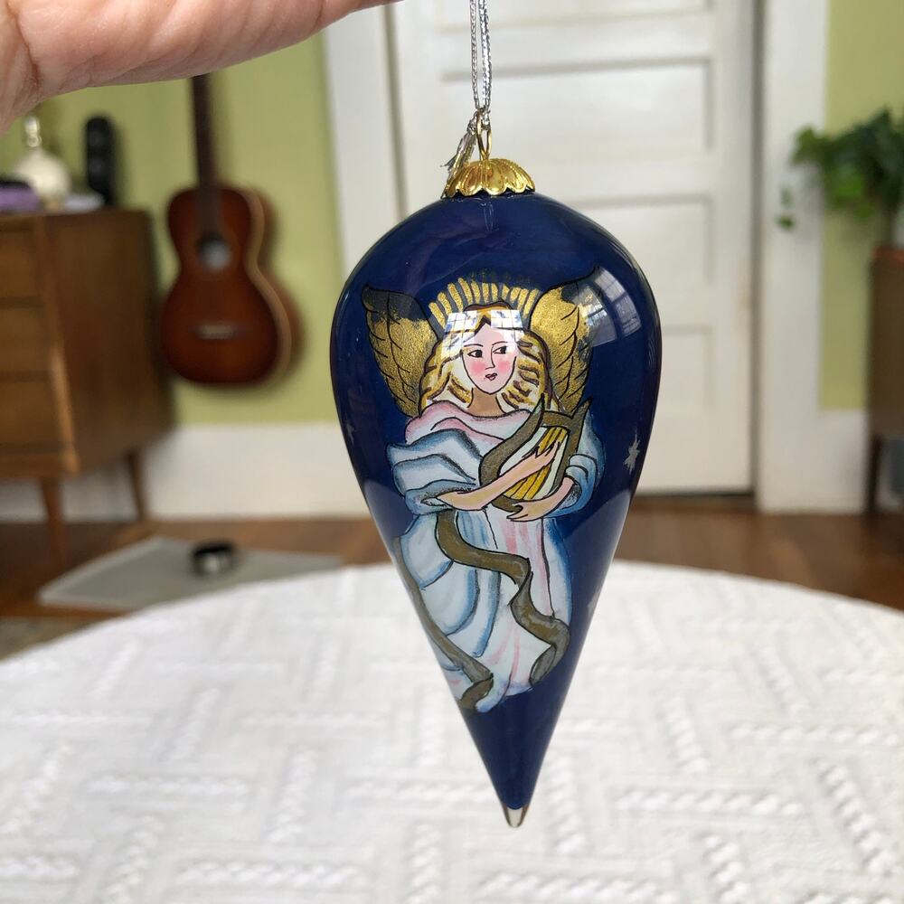 Vintage Hand-Painted Glass Angel Teardrop Ornament Navy Blue Cone 4.5"
